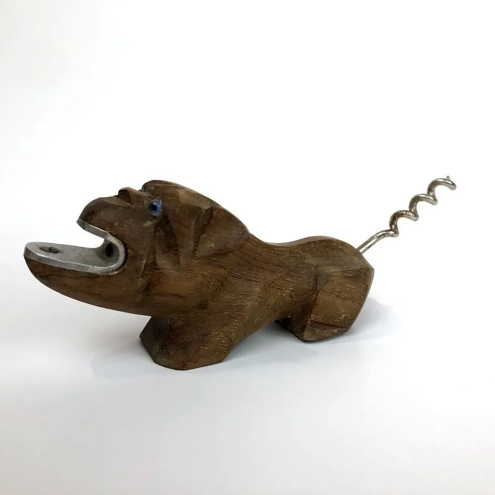 VTG Bulldog Bottle Opener  Corkscrew Hand Carved Wood France Blue Glass Eyes